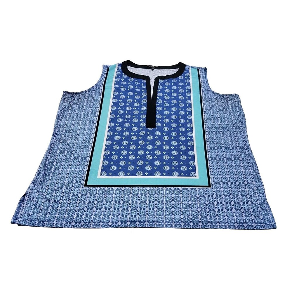 Jones New York Signature 1X Blue Sleeveless Blouse Top Polyester Blend 27" Long